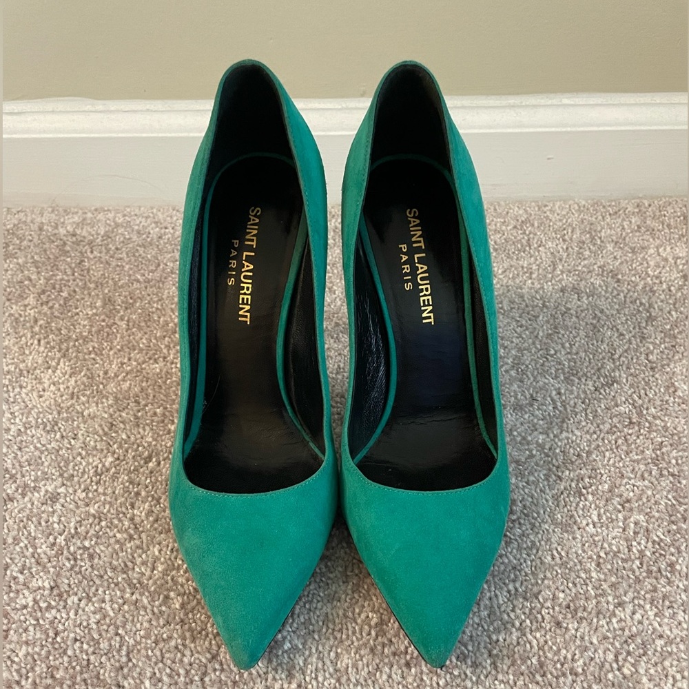 Saint Laurent Suede Teal Green Pumps